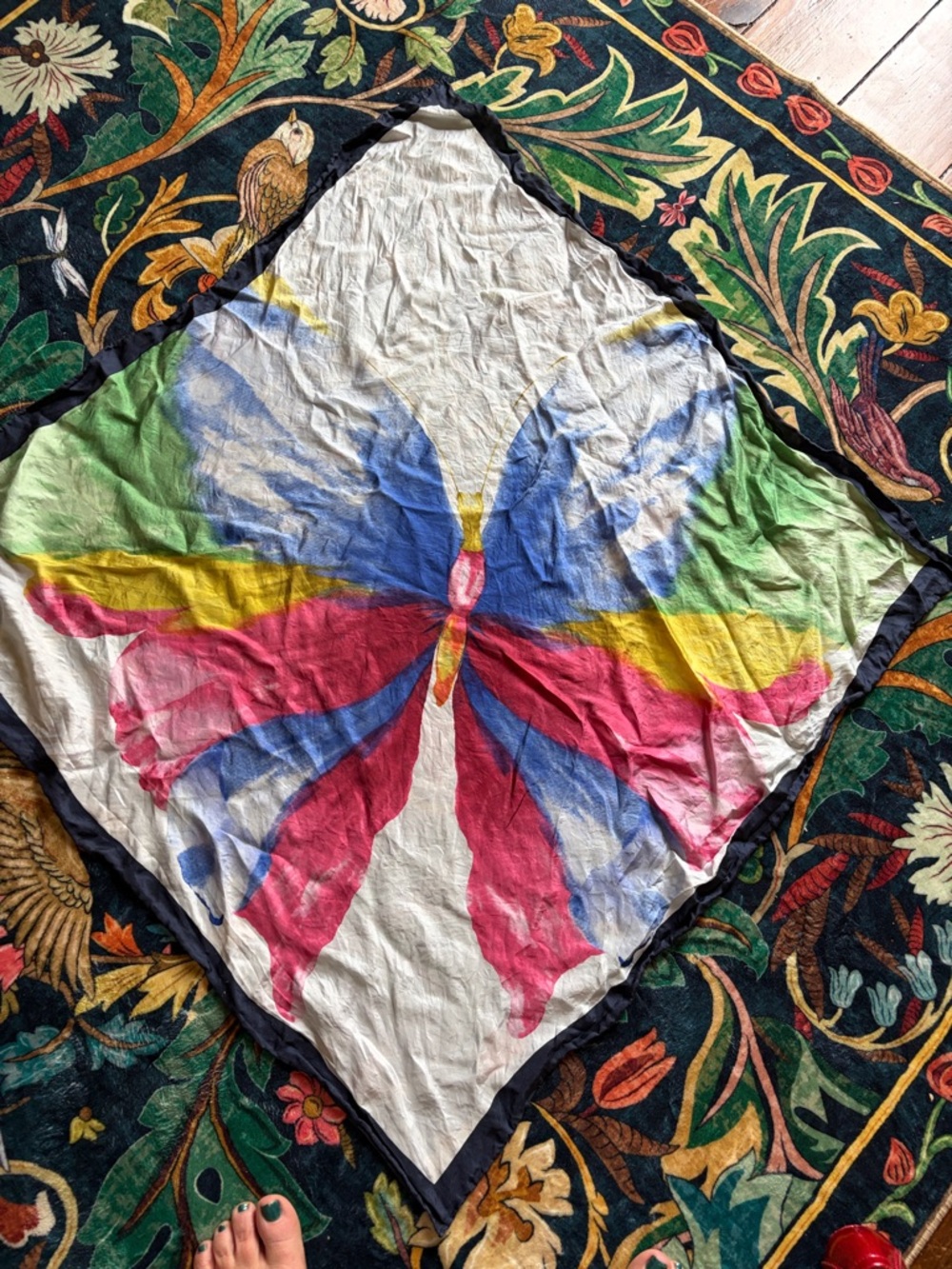 100% Silk Vintage Butterfly Print Scarf - Blue, Pink, Yellow, Green